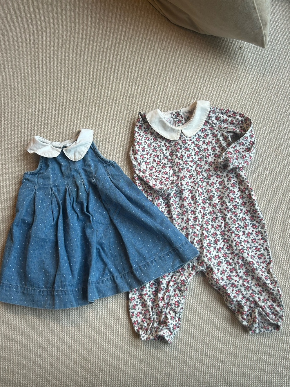 Vintage Baby Gap Blue Dot Dress & Floral Romper Set with Peter Pan Collars